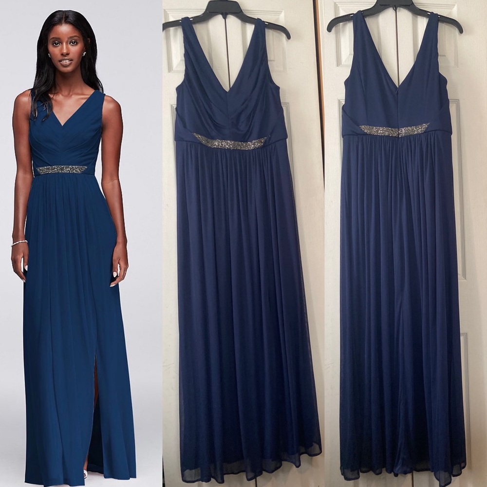 Long Mesh Dress with V-Neck and Beaded Waistband